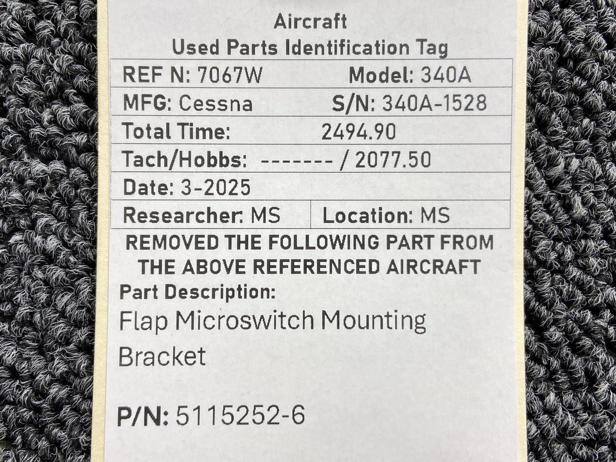 Cessna Aircraft Parts 5115252-6 Cessna 340A Flap Microswitch Mounting Bracket