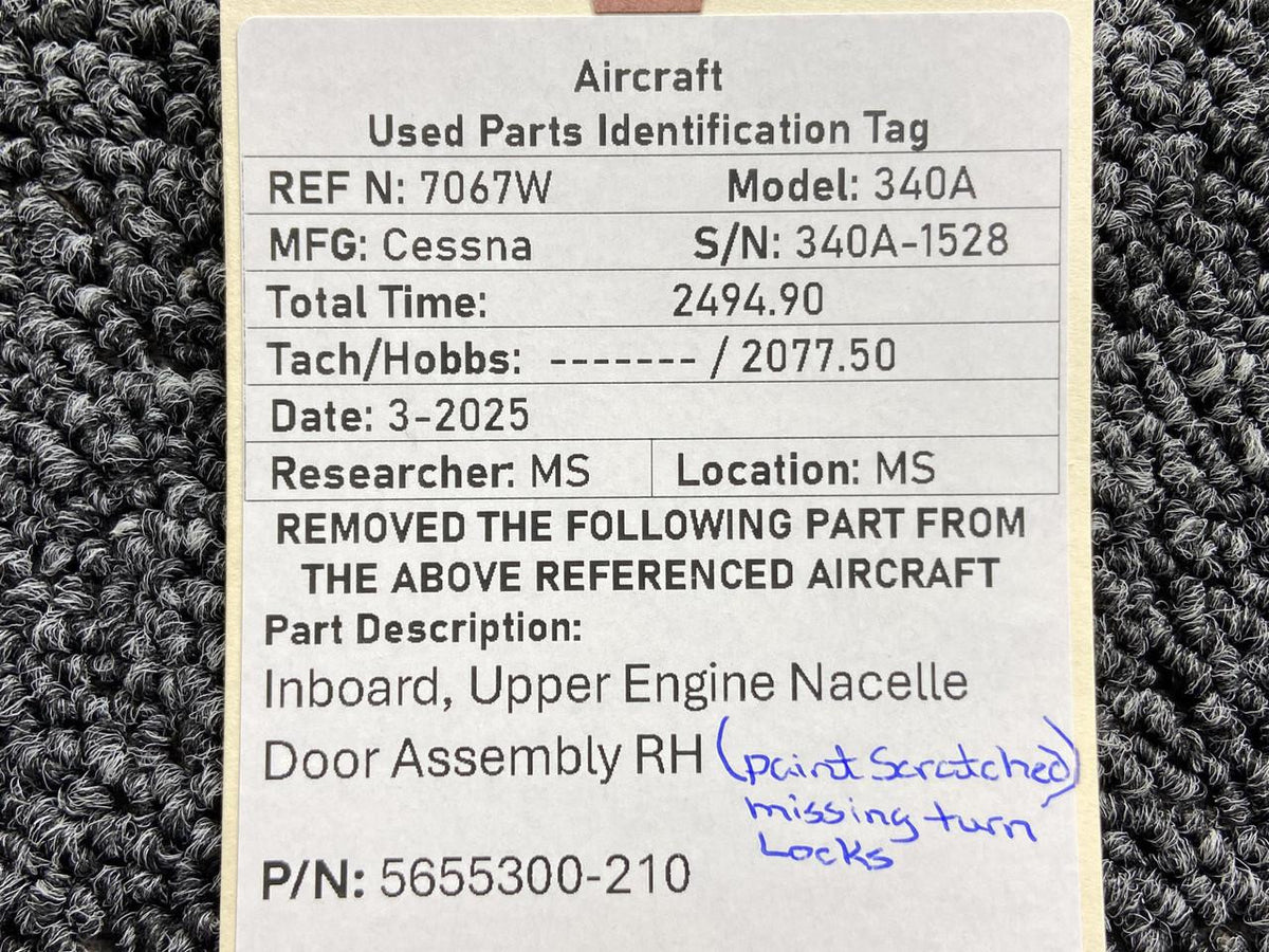 Cessna Aircraft Parts 5655300-210 Cessna 340A Inboard, Upper Engine Nacelle Door Assembly RH
