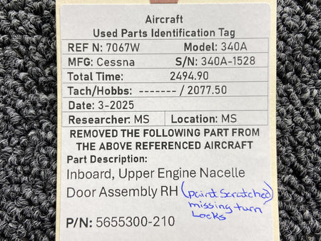 Cessna Aircraft Parts 5655300-210 Cessna 340A Inboard, Upper Engine Nacelle Door Assembly RH