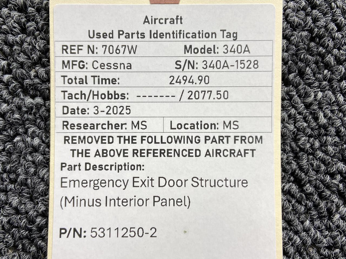 Cessna Aircraft Parts 5311250-2 Cessna 340A Emergency Exit Door Structure (No Interior Panel, White)