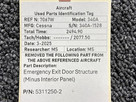 Cessna Aircraft Parts 5311250-2 Cessna 340A Emergency Exit Door Structure (No Interior Panel, White)