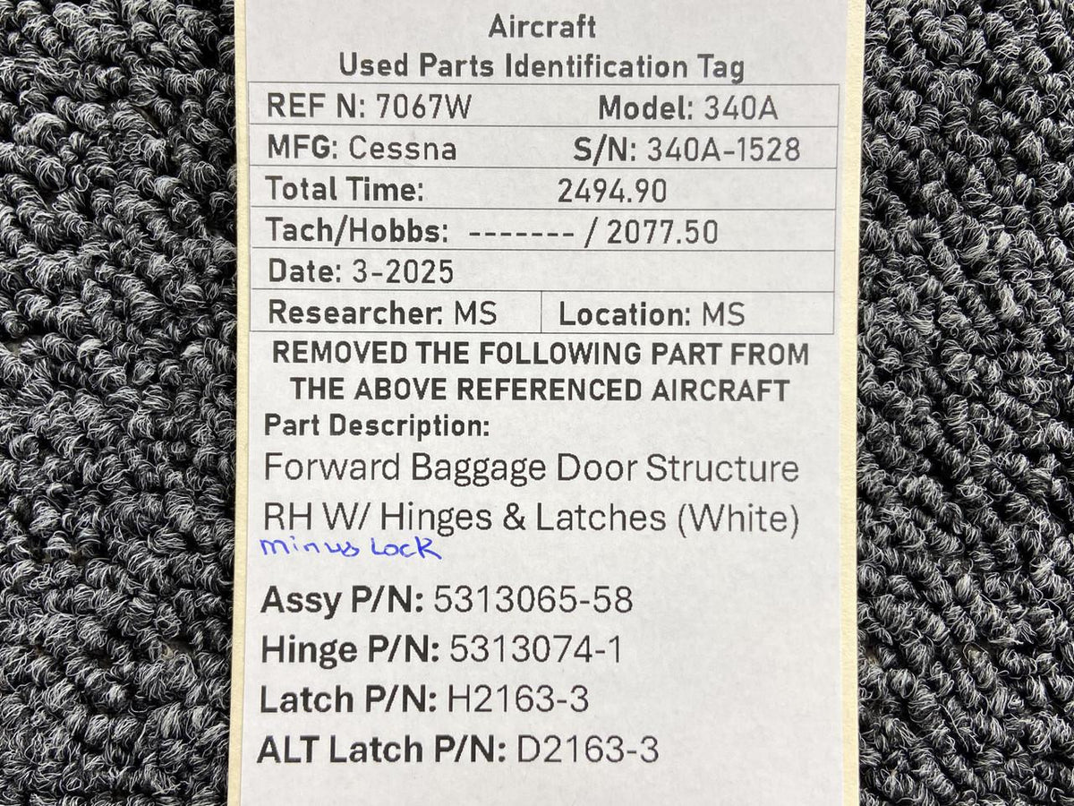 Cessna Aircraft Parts 5313065-58 Cessna 340A Forward Baggage Door Structure RH w Hinges, Latch (White)