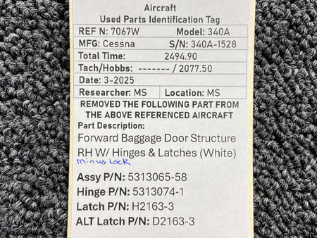 Cessna Aircraft Parts 5313065-58 Cessna 340A Forward Baggage Door Structure RH w Hinges, Latch (White)