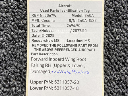 Cessna Aircraft Parts 5311037-20, 5311037-18 Cessna 340A Forward, Inboard Wing Root Fairing Assy RH