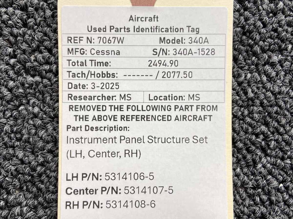 Cessna Aircraft Parts 5314106-5, 5314107-5 Cessna 340A Instrument Panel Structure Set (LH, Center, RH)