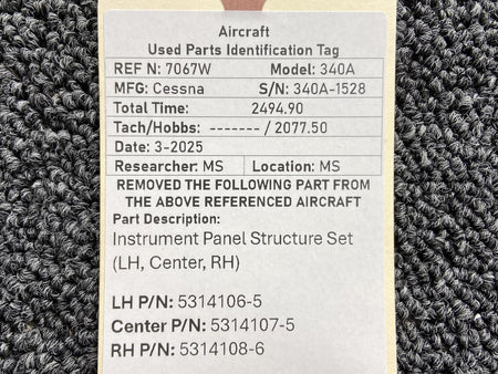 Cessna Aircraft Parts 5314106-5, 5314107-5 Cessna 340A Instrument Panel Structure Set (LH, Center, RH)