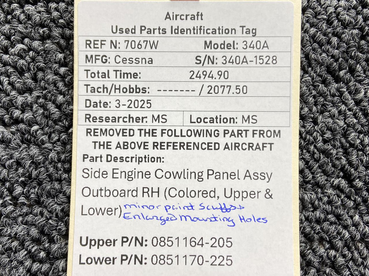 Cessna Aircraft Parts 0851164-205, 0851170-225 Cessna 340A Outboard Engine Side Cowling RH (Colored)