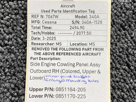 Cessna Aircraft Parts 0851164-205, 0851170-225 Cessna 340A Outboard Engine Side Cowling RH (Colored)