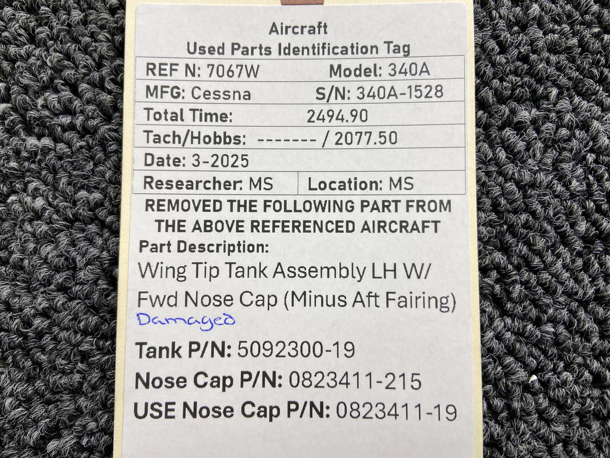 Cessna Aircraft Parts 5092300-19 Cessna 340A Wing Tip Tank Assy LH with Forward Nose Cap (No Fairing)
