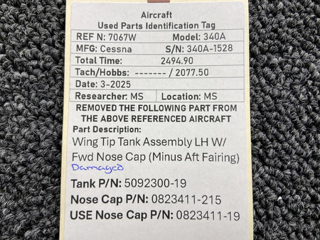 Cessna Aircraft Parts 5092300-19 Cessna 340A Wing Tip Tank Assy LH with Forward Nose Cap (No Fairing)