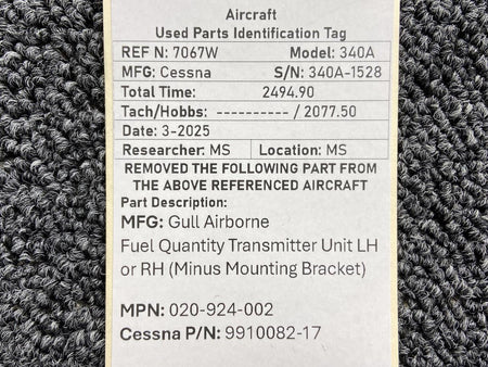 Gull Airborne 020-924-002 (Alt: 9910082-17) Gull Fuel Quantity Transmitter LH or RH (No Bracket)