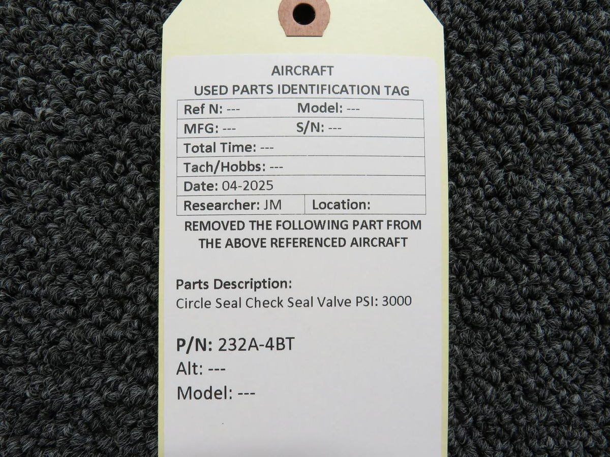 Circle Seal 232A-4BT (ALT:101-389011-6) Circle Seal Check Valve PSI: 3000