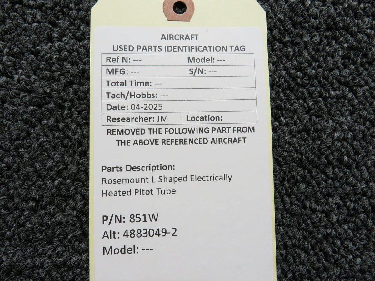 Rosemount 851W (Alt: 4883049-2) Rosemount L-Shaped Electrically Heated Pitot Tube