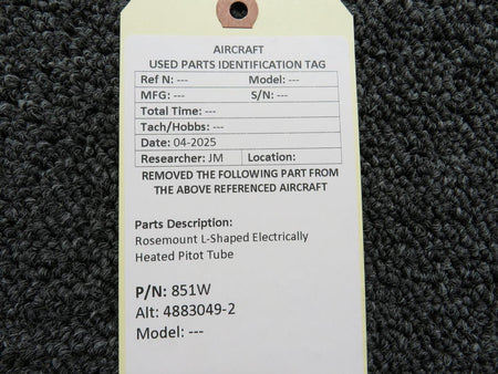 Rosemount 851W (Alt: 4883049-2) Rosemount L-Shaped Electrically Heated Pitot Tube