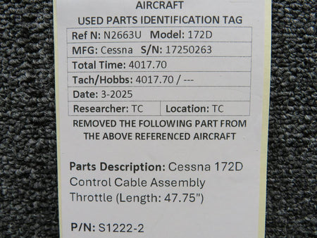 Cessna Aircraft Parts S1222-2 Cessna 172D Control Cable Assembly Throttle (Length: 47.75")