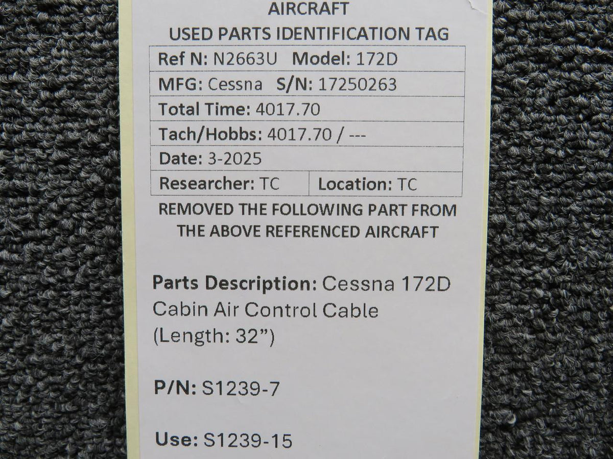 Cessna Aircraft Parts S1239-7 (Use: S1239-15) Cessna 172D Cabin Air Control Cable (Length: 32”)