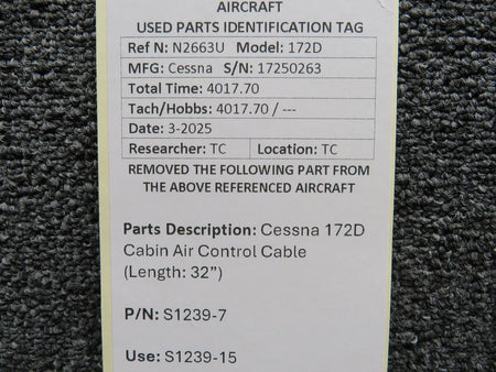 Cessna Aircraft Parts S1239-7 (Use: S1239-15) Cessna 172D Cabin Air Control Cable (Length: 32”)