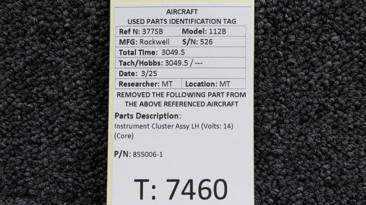 Rockwell Aviation Airplane Parts 855006-1 Rockwell 114 Instrument Cluster Assy LH (Volts: 14) (Core)