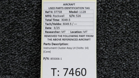 Rockwell Aviation Airplane Parts 855006-1 Rockwell 114 Instrument Cluster Assy LH (Volts: 14) (Core)