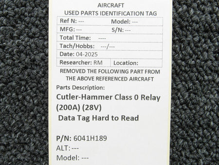 Cutler-Hammer 6041H189 Cutler-Hammer Class 0 Relay (200A) (28V) Data Tag Hard to Read