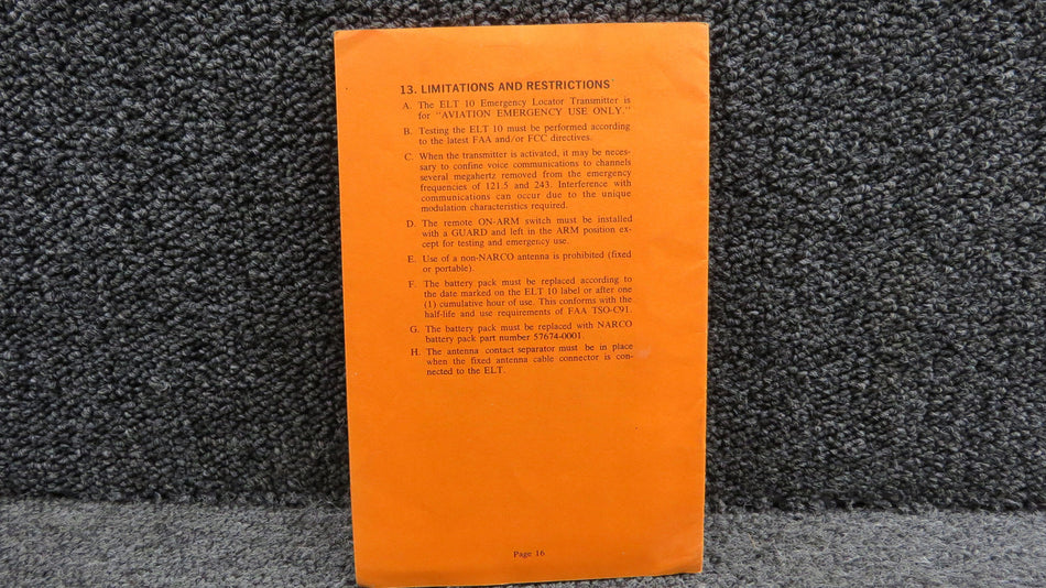 03716-0600 Narco ELT 10 Owner’s Manual, Installation and Pilot’s Guide (1972)