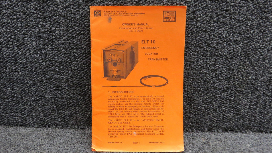 03716-0600 Narco ELT 10 Owner’s Manual, Installation and Pilot’s Guide (1972)