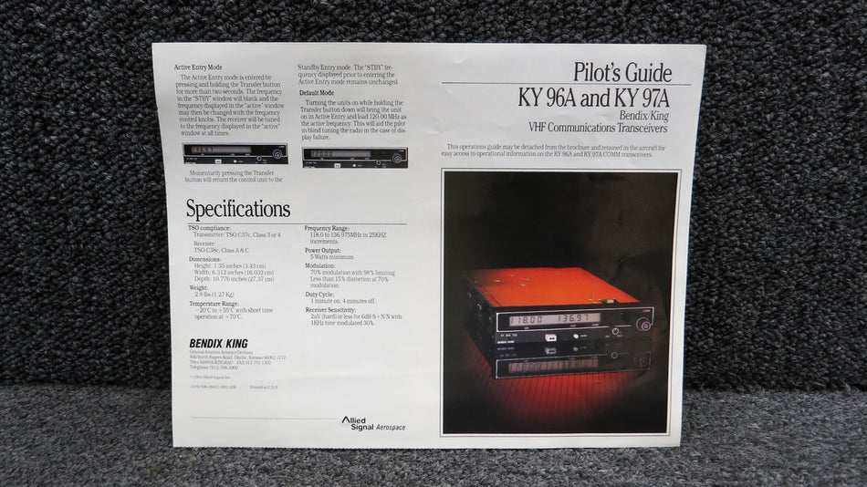 KY-96A, KY-97A Bendix King VHF Communications Transceivers Pilot’s Guide (1992)