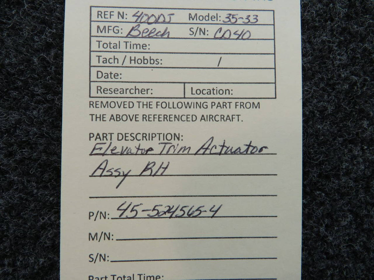 45-524565-4 Beechcraft 35 Elevator Trim Actuator Assembly RH BAS Part Sales | Airplane Parts