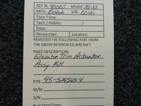 45-524565-4 Beechcraft 35 Elevator Trim Actuator Assembly RH BAS Part Sales | Airplane Parts