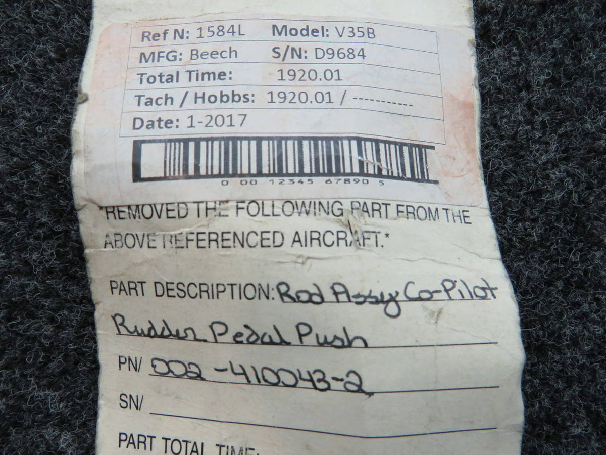 002-410043-2 Beech V35B Rod Assembly Co-Pilot Rudder Pedal Push BAS Part Sales | Airplane Parts