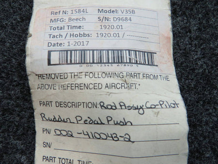 002-410043-2 Beech V35B Rod Assembly Co-Pilot Rudder Pedal Push BAS Part Sales | Airplane Parts
