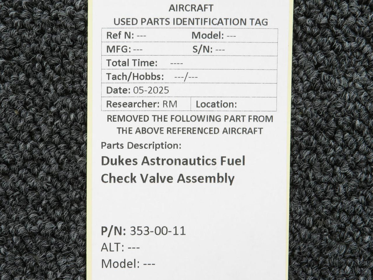 Dukes Astronics 353-00-11 Dukes Astronautics Fuel Check Valve Assembly