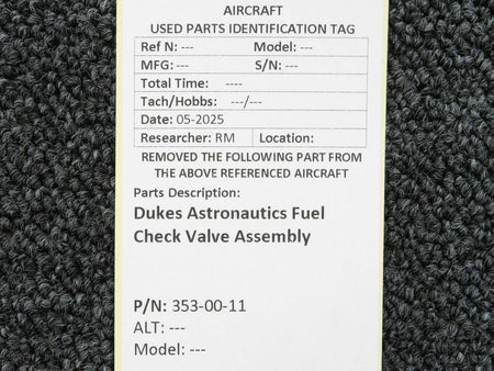 Dukes Astronics 353-00-11 Dukes Astronautics Fuel Check Valve Assembly