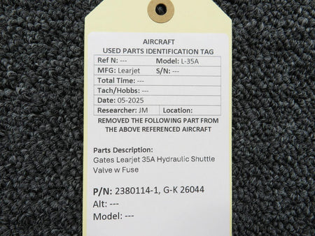 Gates Learjet 2380114-1, G-K 26044 Gates Learjet 35A Hydraulic Shuttle Valve with Fuse