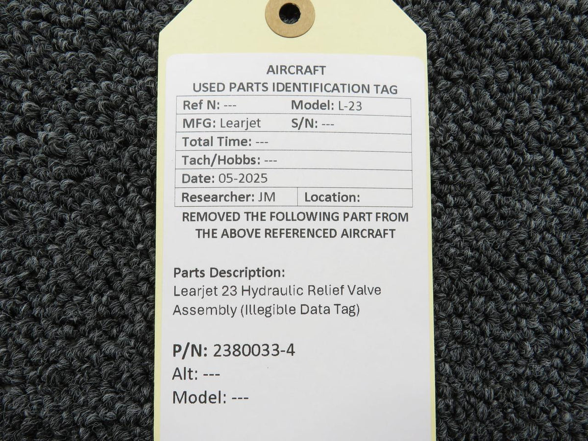 LearJet 2380033-4 Learjet 23 Hydraulic Relief Valve Assembly (Illegible Data Tag)