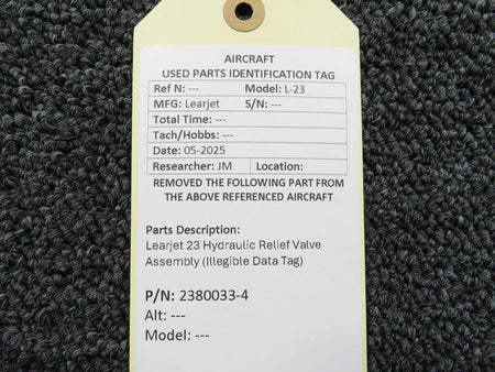 LearJet 2380033-4 Learjet 23 Hydraulic Relief Valve Assembly (Illegible Data Tag)