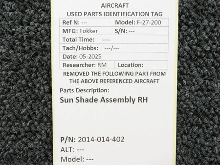 Fokker 2014-014-402 Fokker F-27-200 Sun Shade Assembly RH