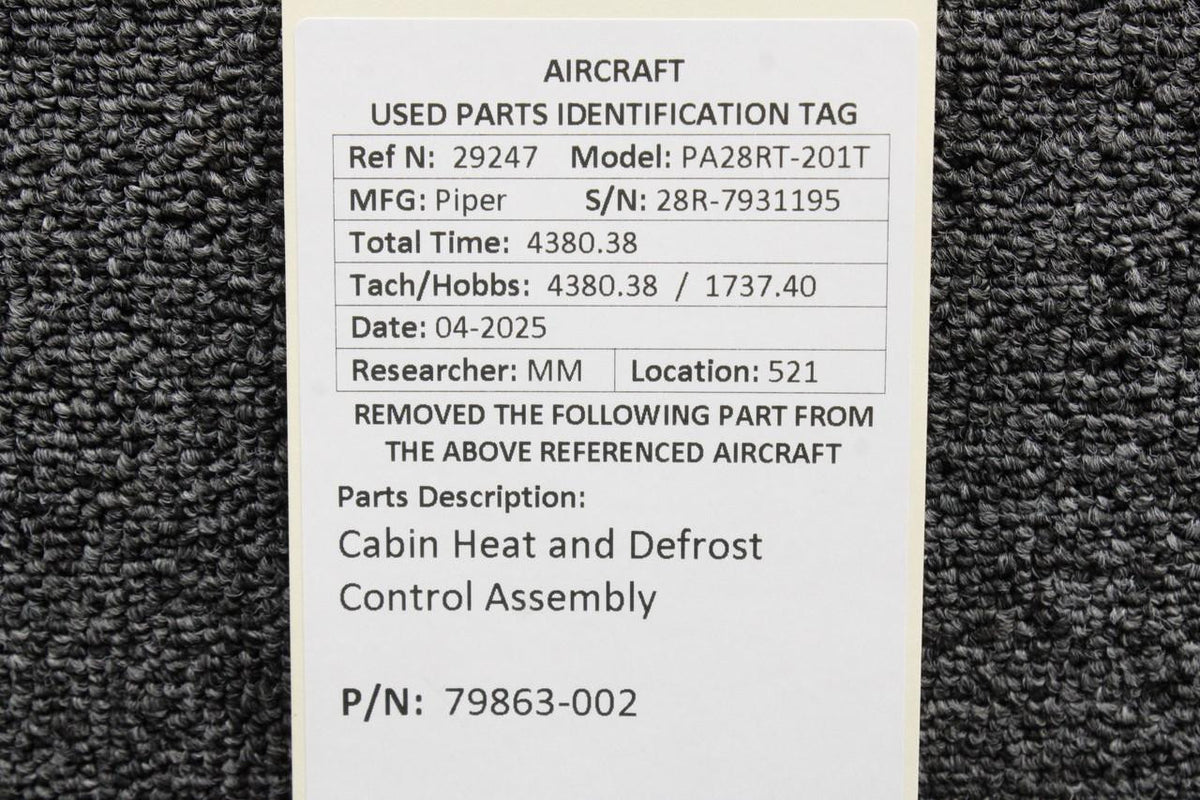 Piper Aircraft Parts 79863-002 Piper PA28RT-201T Cabin Heat and Defrost Control Assembly