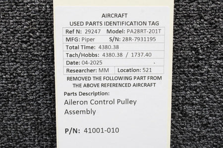 Piper Aircraft Parts 41001-010 Piper PA28RT-201T Aileron Control Pulley Assembly