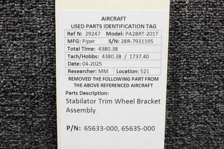 Piper Aircraft Parts 65633-000, 65635-000 Piper PA28RT-201T Stabilator Trim Wheel Bracket Assembly