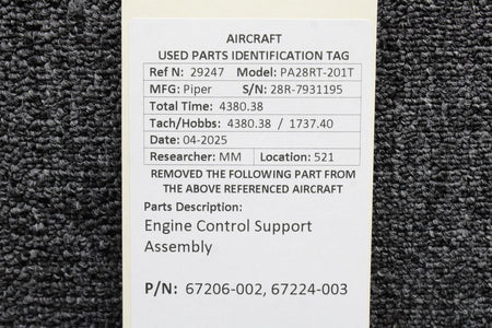 Piper Aircraft Parts 67206-002, 67224-003 Piper PA28RT-201T Engine Control Support Assembly