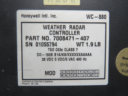 Honeywell 7008471-407 Honeywell MC-880 Weather Radar Controller, 28V 5V