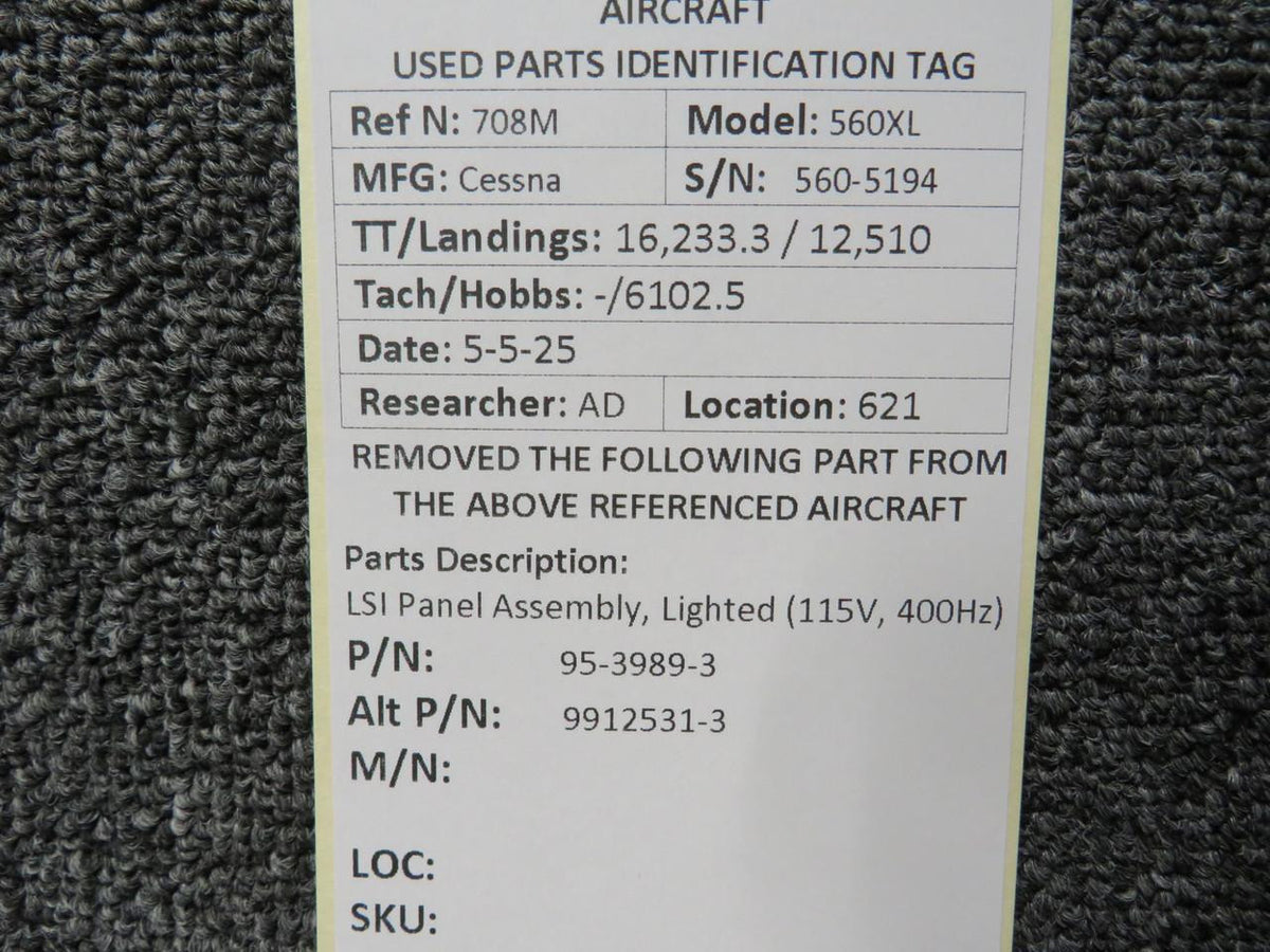 LSI 95-3989-3 (Alt: 9912531-3) LSI Panel Assembly, Lighted (115V, 400Hz)
