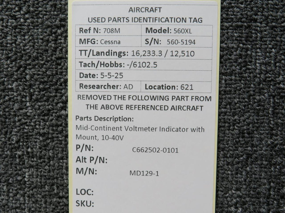 Mid-Continent C662502-0101 Mid-Continent MD129-1 Voltmeter Indicator with Mount, 10-40V