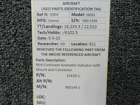 Mid-Continent S3439-1 Mid-Continent MD144-1 Ammeter Indicator has Mount and Connector