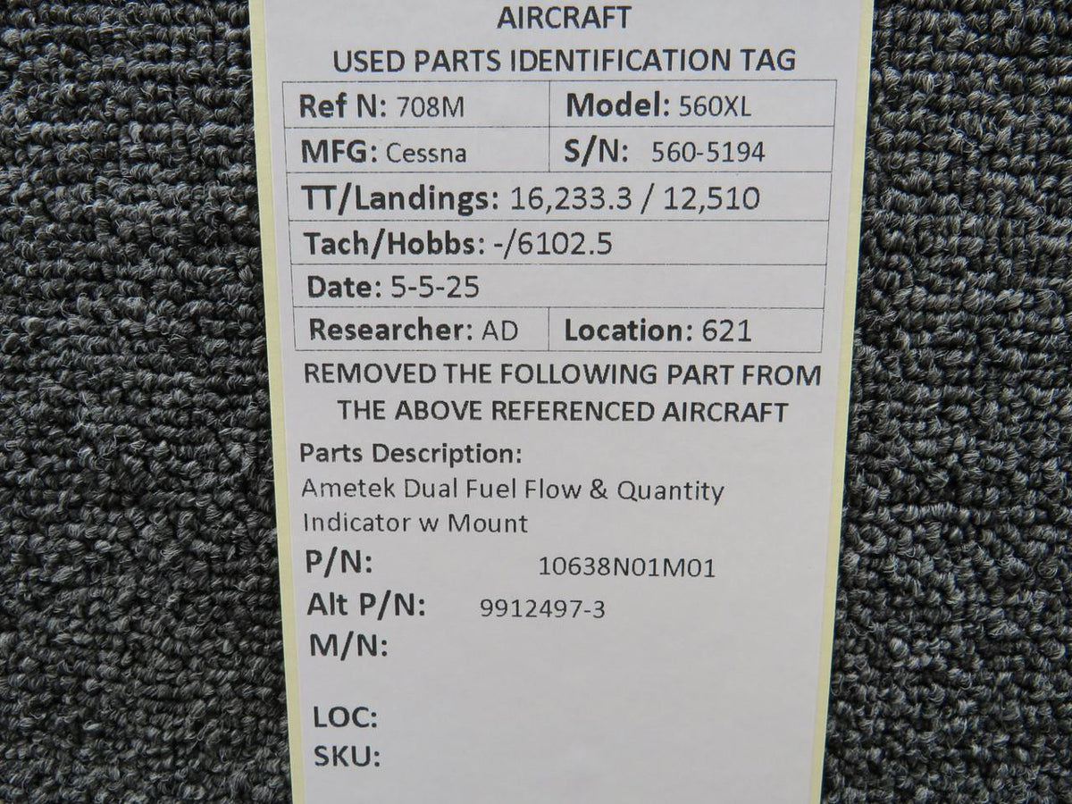 Ametek 10638N01M01 (Alt: 9912497-3) Ametek Dual Fuel Flow & Quantity Indicator w Mount