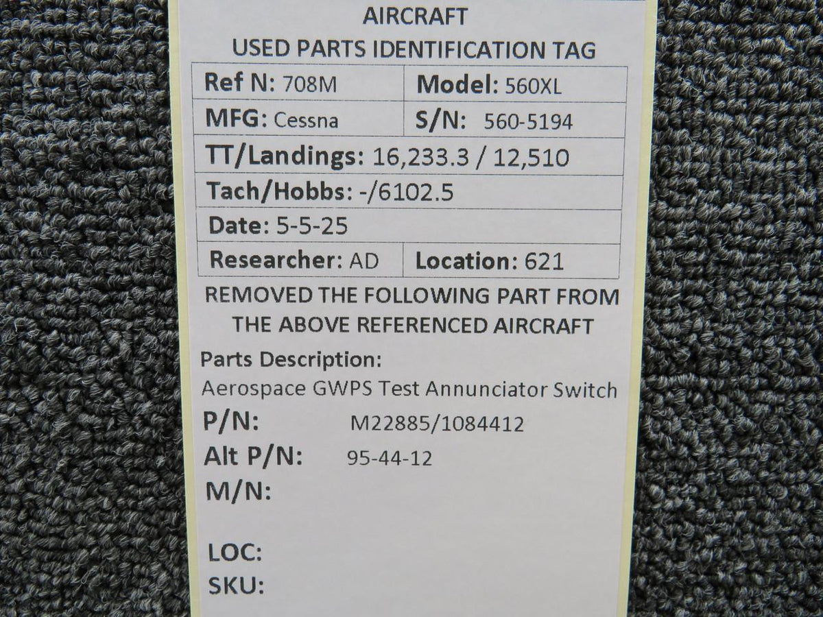 Aerospace M22885/1084412 (Alt: 95-44-12) Aerospace GWPS Test Annunciator Switch