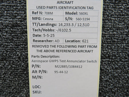 Aerospace M22885/1084412 (Alt: 95-44-12) Aerospace GWPS Test Annunciator Switch