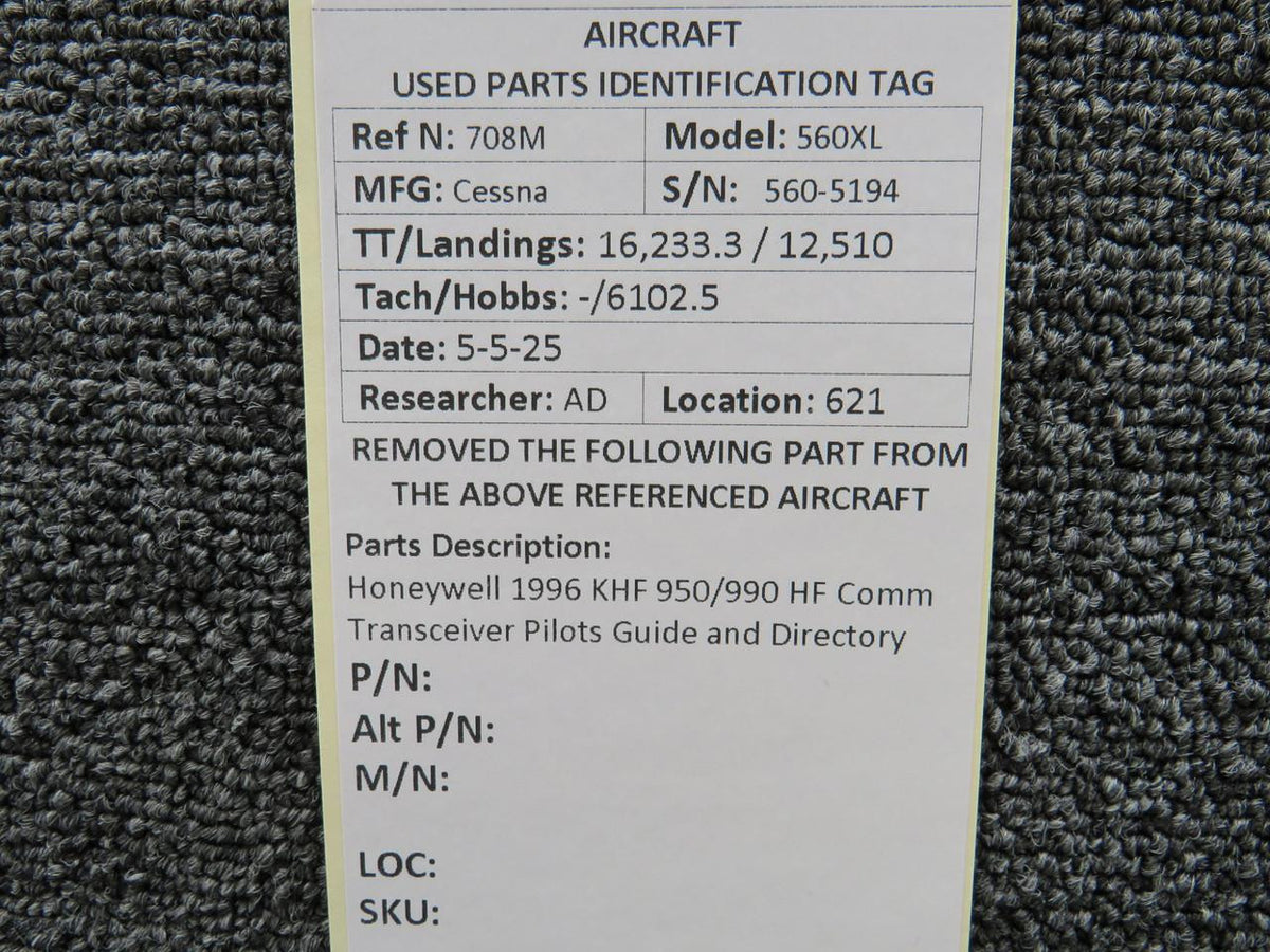 Honeywell 1996 KHF 950/990 HF Comm Transceiver Pilots Guide and Directory