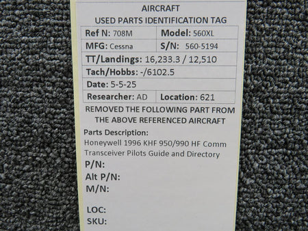Honeywell 1996 KHF 950/990 HF Comm Transceiver Pilots Guide and Directory